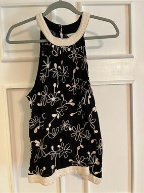 Women’s Black Floral Embroidered Halter Dress with Cream Trim